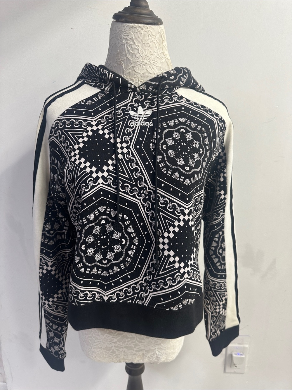 adidas Black & White Bandana-Print Pullover Hoodie